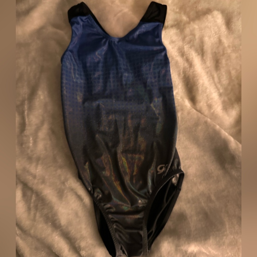Blue and black gymnastics leotard